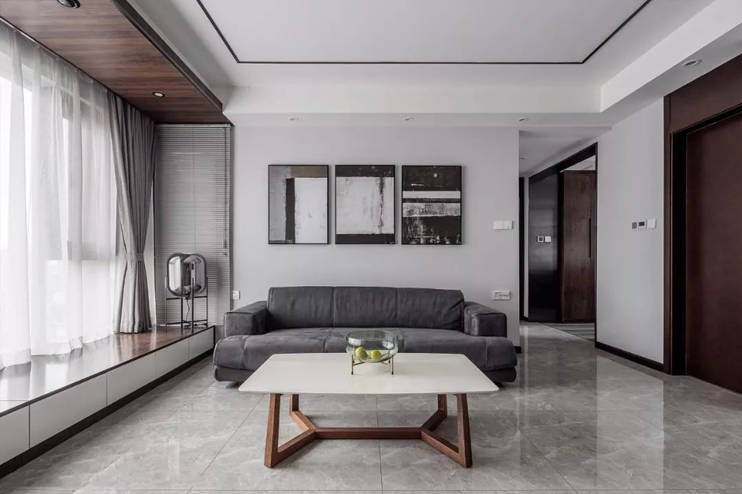 客厅大面积地砖深灰色铺贴效果图,客厅地砖简约铺贴图