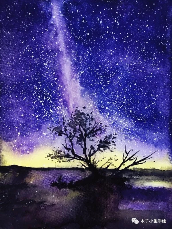 紫色粉色星空画画教程,水彩画紫色星空