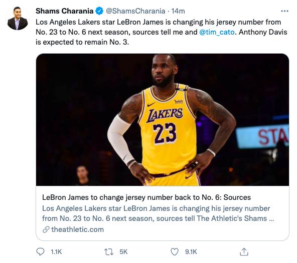 詹姆斯建议全联盟退役23号球衣,詹姆斯穿回6号浓眉为什么还穿3号