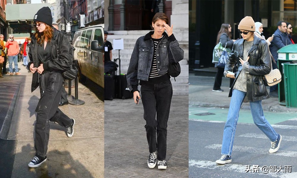 kaia匡威鞋街拍,黑色匡威黑色裤子穿搭