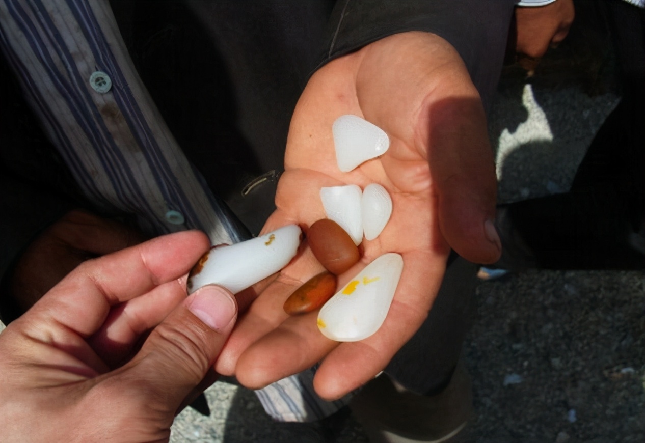 新疆和田玉籽料滚筒染色,染色和田玉籽料皮色特点