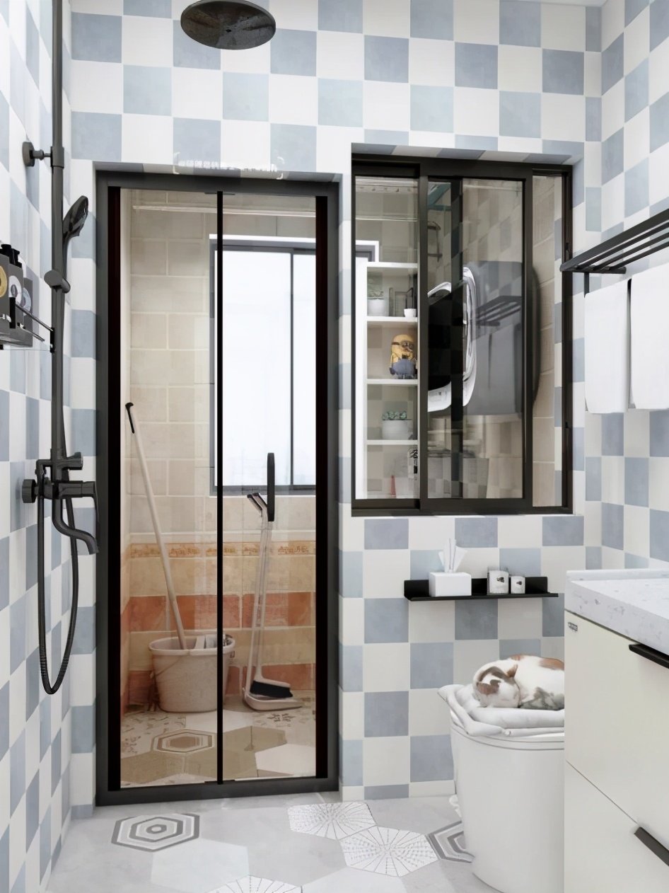 卫生间外边隔开做晾衣区,厕所连通阳台做洗衣区