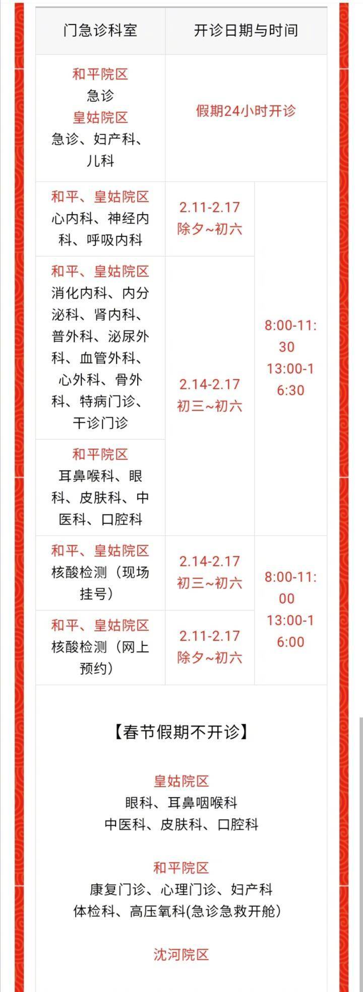 春节假期各医院门诊就诊时间安排,医院春节期间门急诊安排
