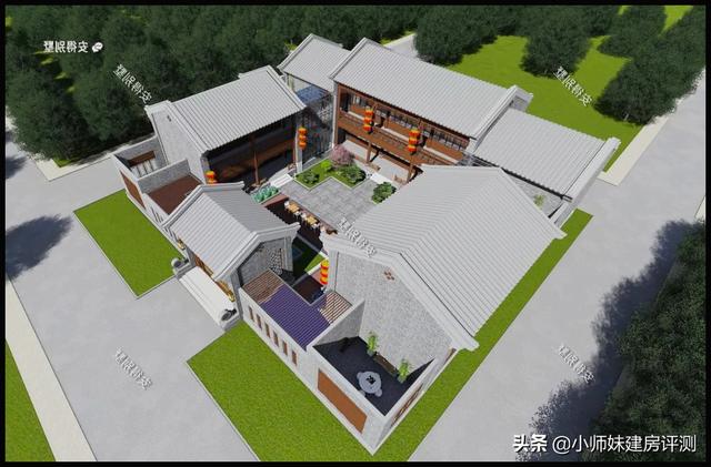 农村三合院五间正房效果图大全,2层中式三合院正房和厢房分开