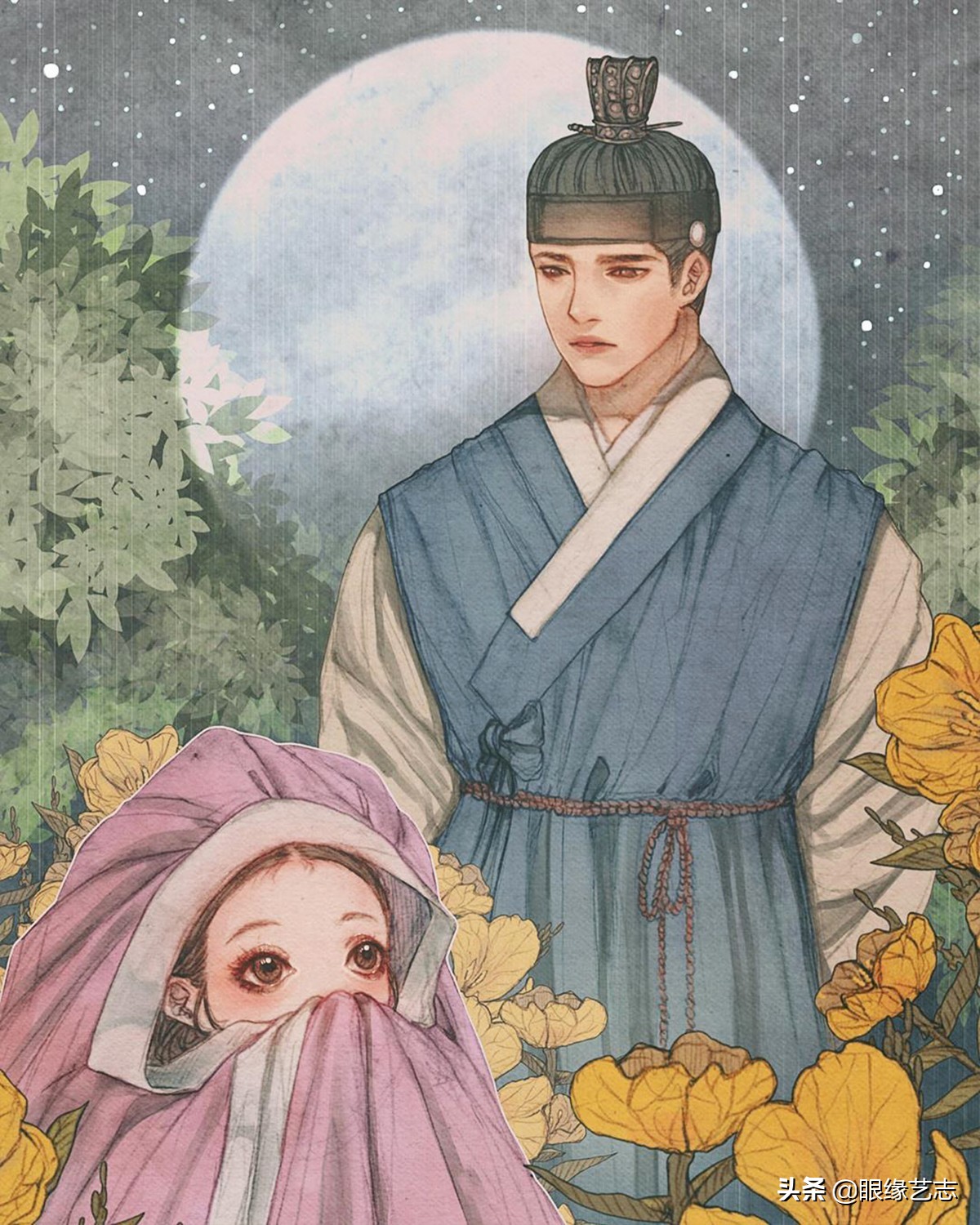 韩式穆夏风插画,韩国传统服饰插画