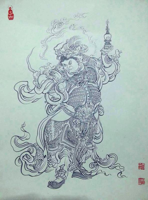 李云中四大天王白描高清图片,唐代佛造像素描