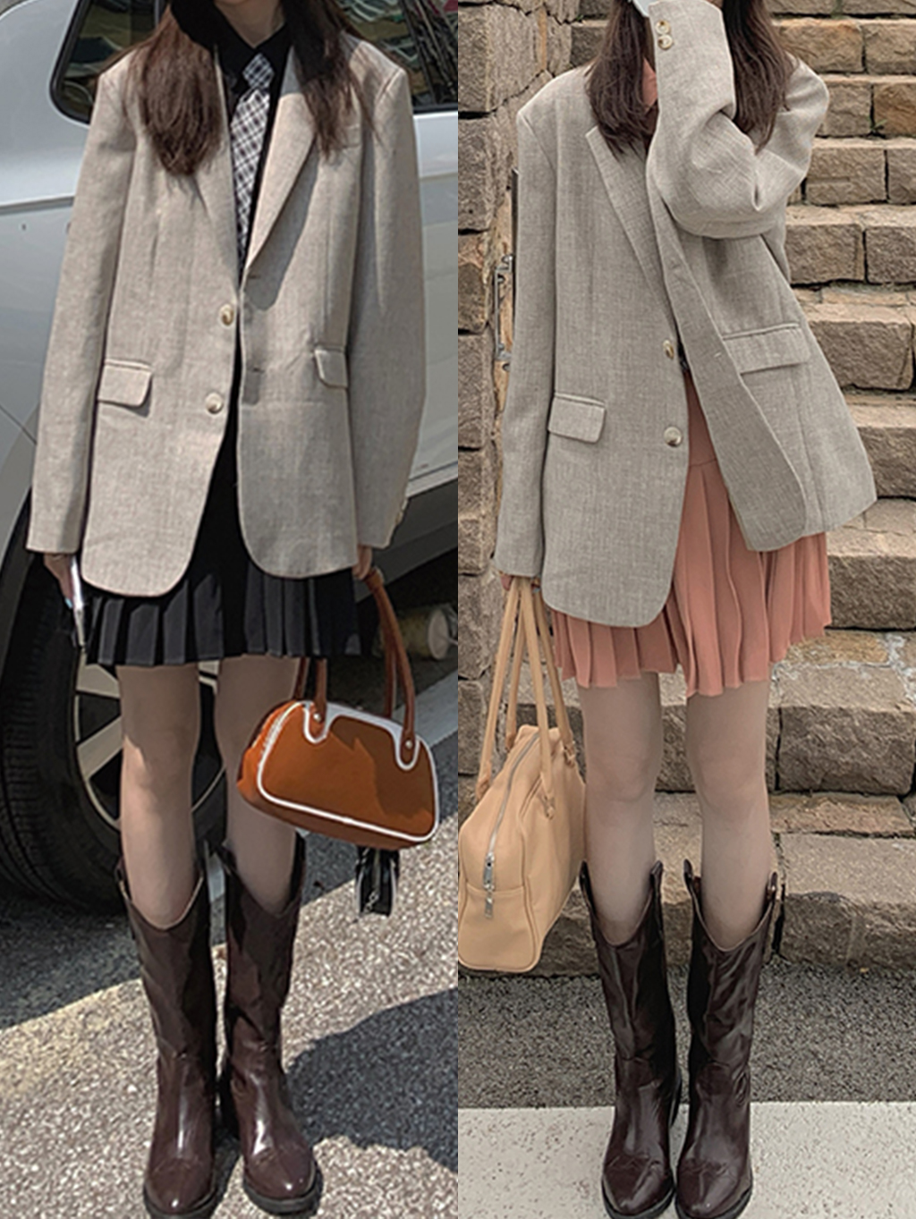 时髦又大方的韩范穿搭 (韩风穿搭格子西装配白色哈伦裤)