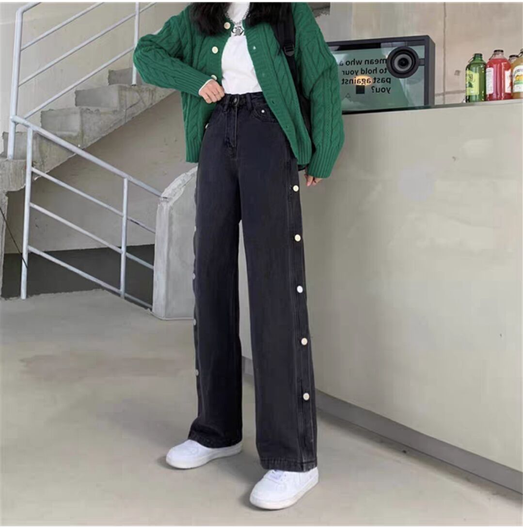 高腰阔腿裤显瘦又显高牛仔长裤,女冬高腰微喇叭长裤显瘦又显高