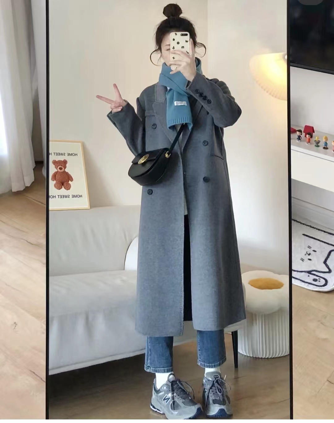 灰色大衣和黑色大衣哪个配jk好看,灰色双面羊绒牛角扣大衣小个子150