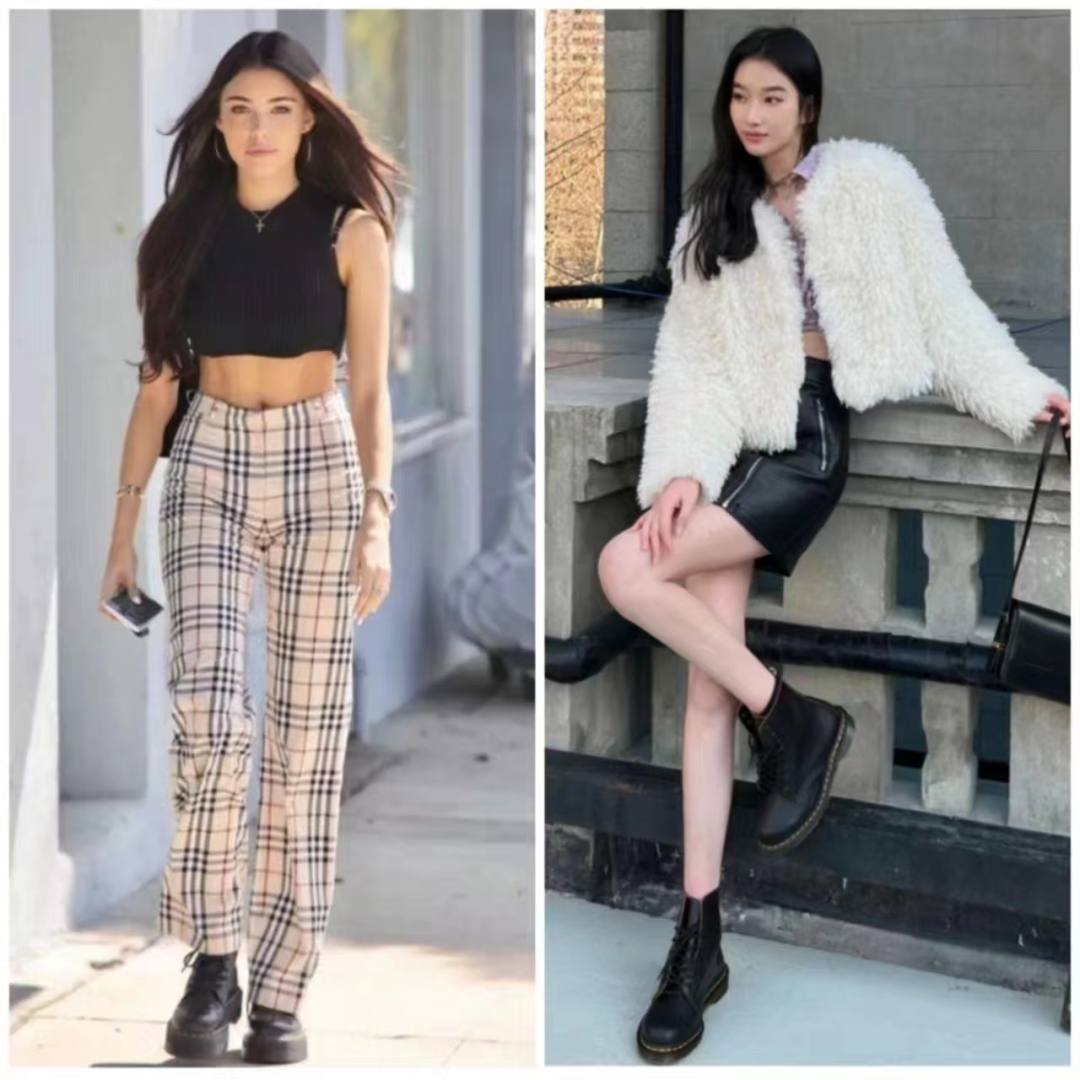 马丁靴的正确搭配图秋冬,穿长腿马丁靴配什么裤子好看