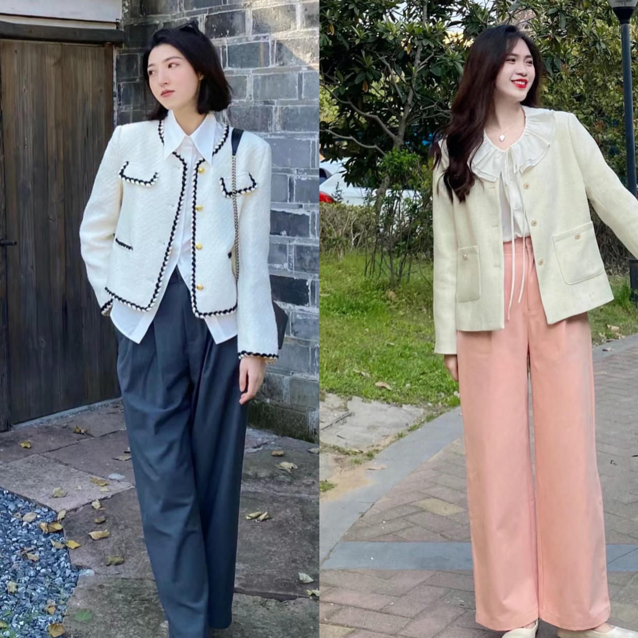 窄版阔腿裤小香风外套,小香风呢子外套搭配什么裤子好看