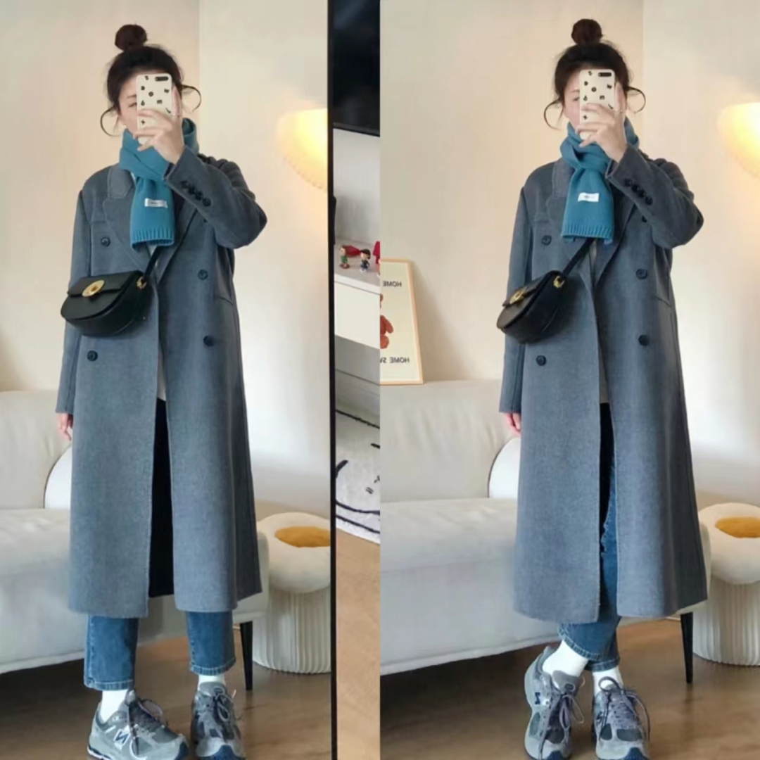 灰色大衣和黑色大衣哪个配jk好看,灰色双面羊绒牛角扣大衣小个子150