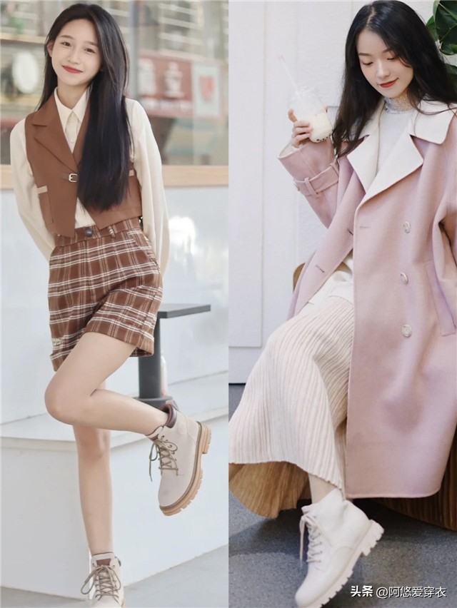 米色长筒靴秋冬穿搭,米白色马丁靴秋季穿搭