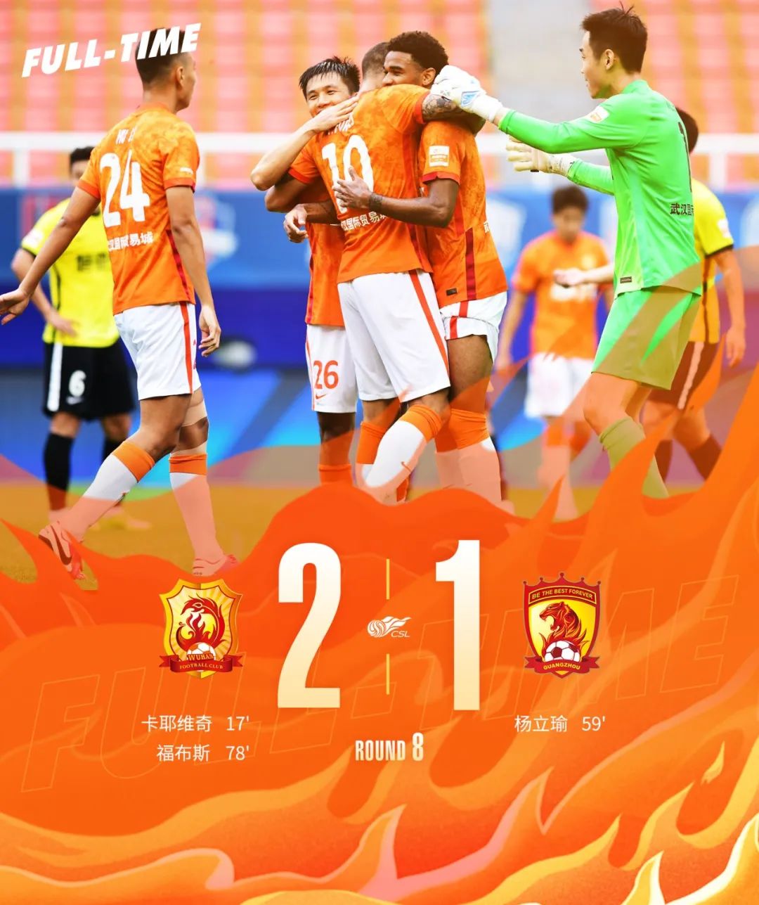 前线丨卡耶维奇、福布斯联袂进球，武汉长江2:1战胜广州队
