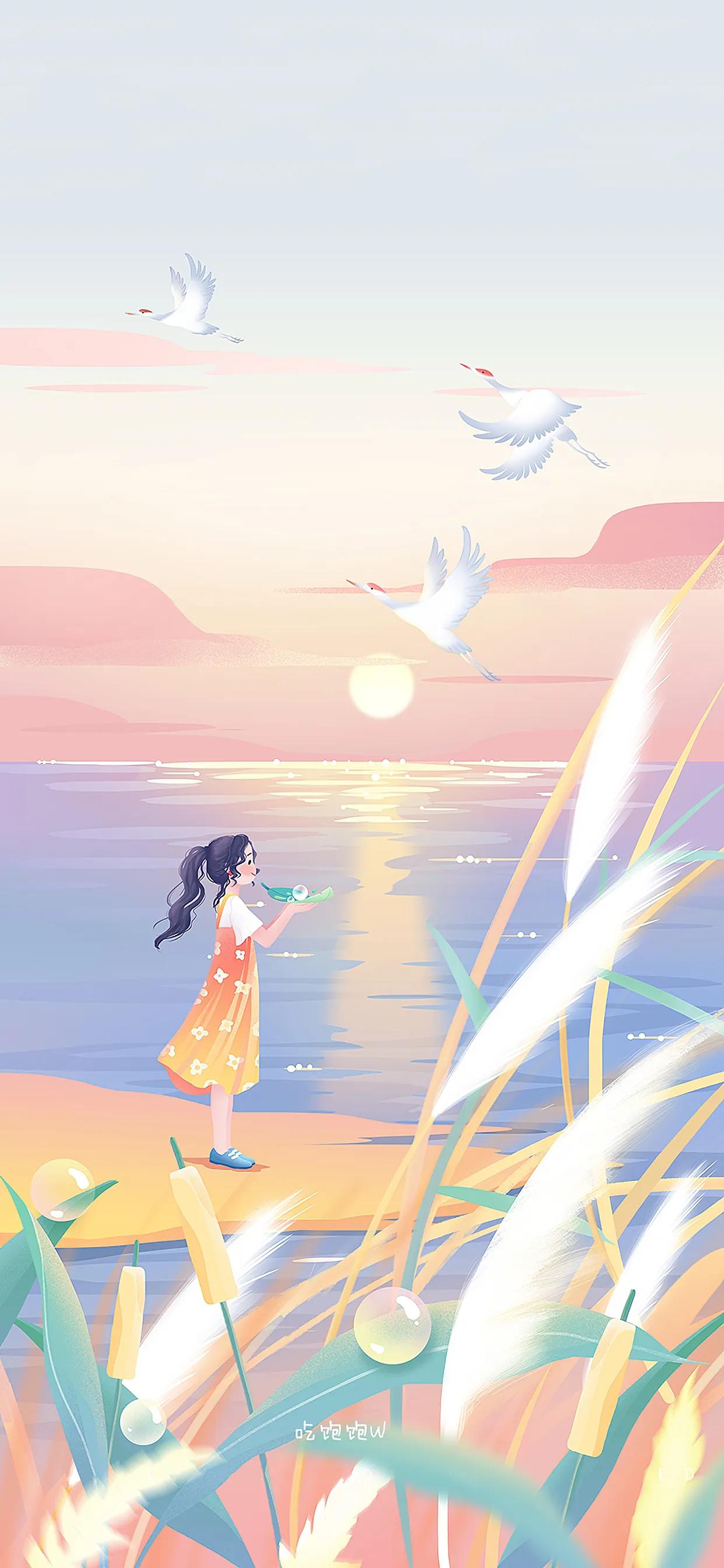 萌图100张可爱壁纸,春日海边小镇壁纸插画