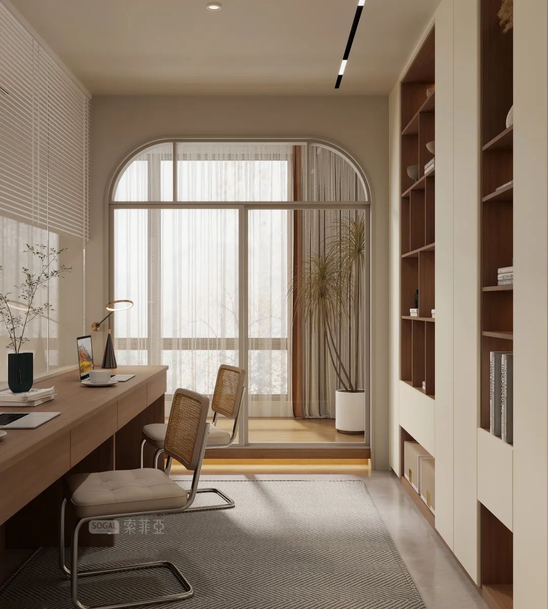 法式原木奶油风书房,奶油原木风格治愈系100平