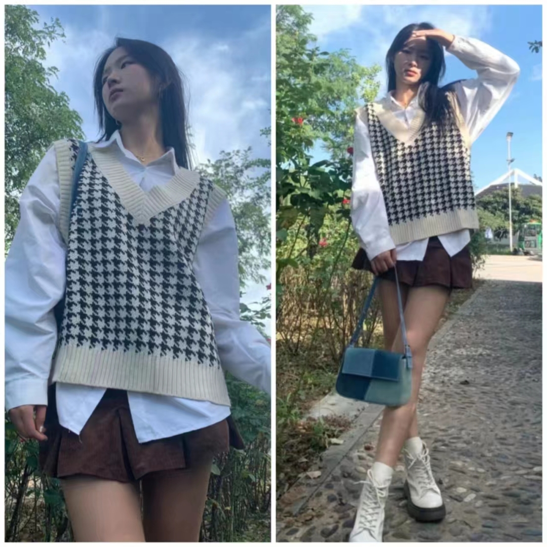 外穿洋气马甲搭格子衬衣,衬衫马甲叠穿什么外套