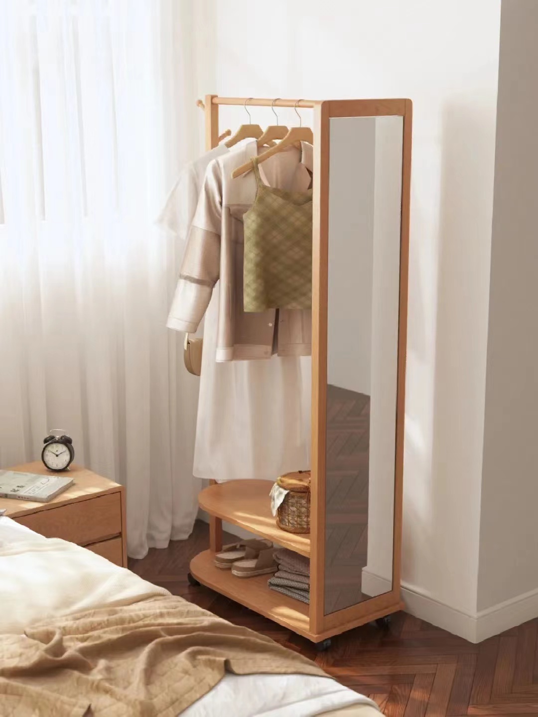 卧室镜子收纳一体挂墙,卧室墙面固定挂衣架镜子一体