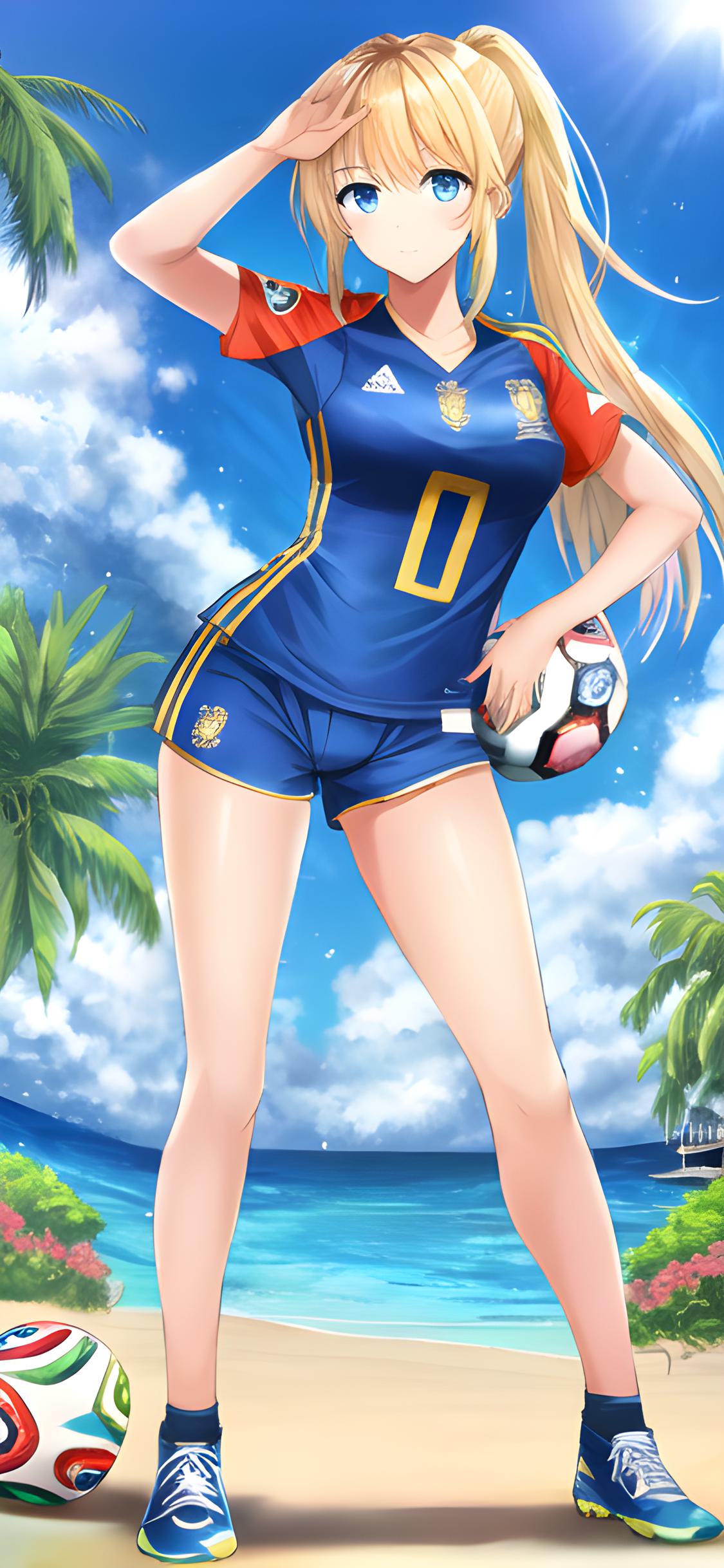 二次元美少女壁纸足球,ai绘画壁纸沙滩