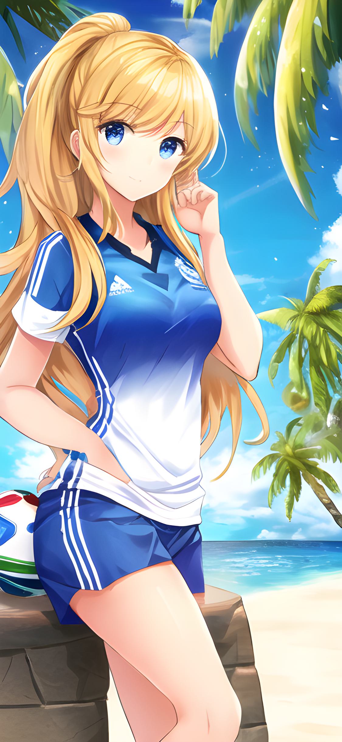 二次元美少女壁纸足球,ai绘画壁纸沙滩