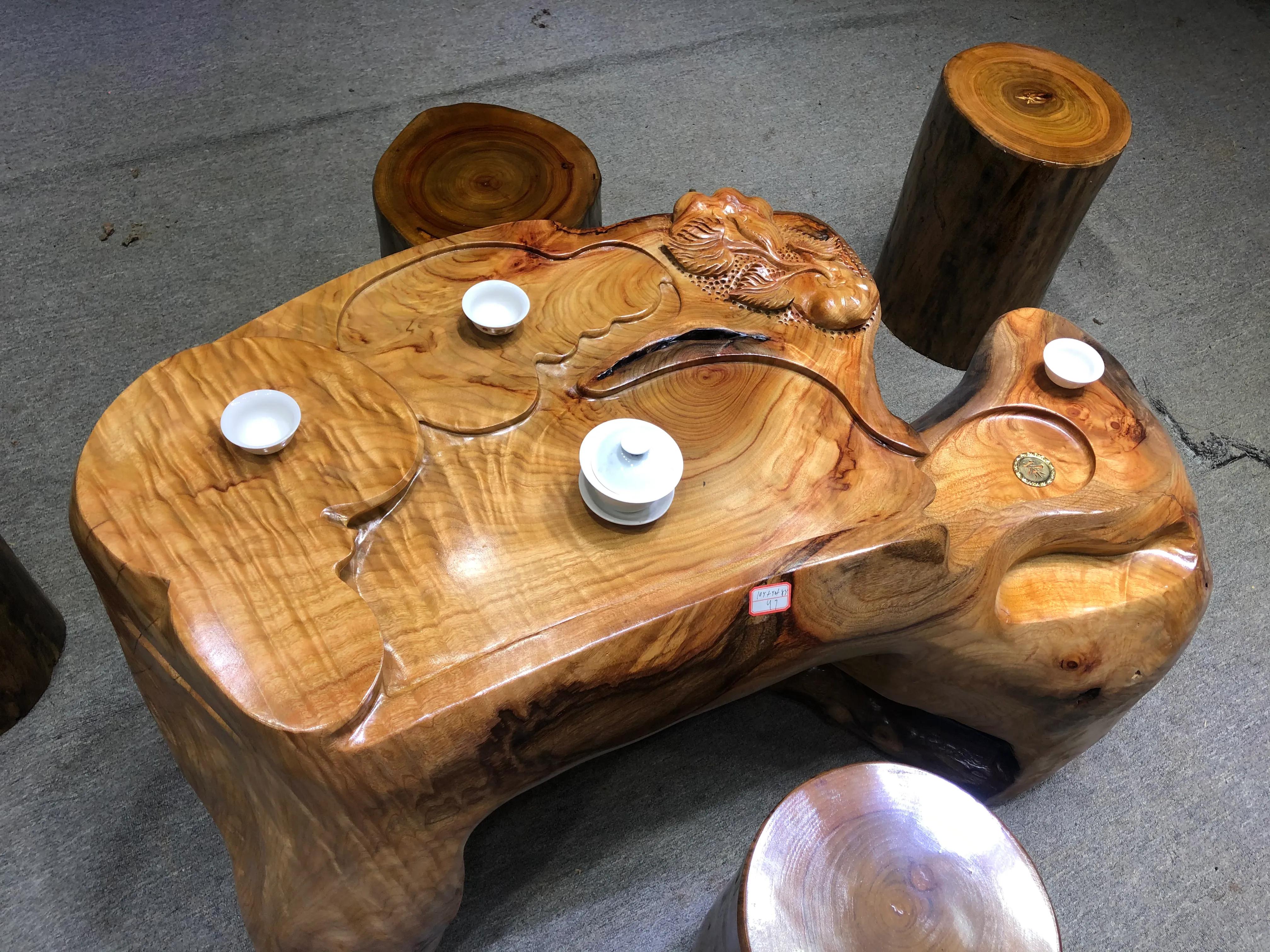 小叶香樟木茶几,香樟木实木墩子茶几