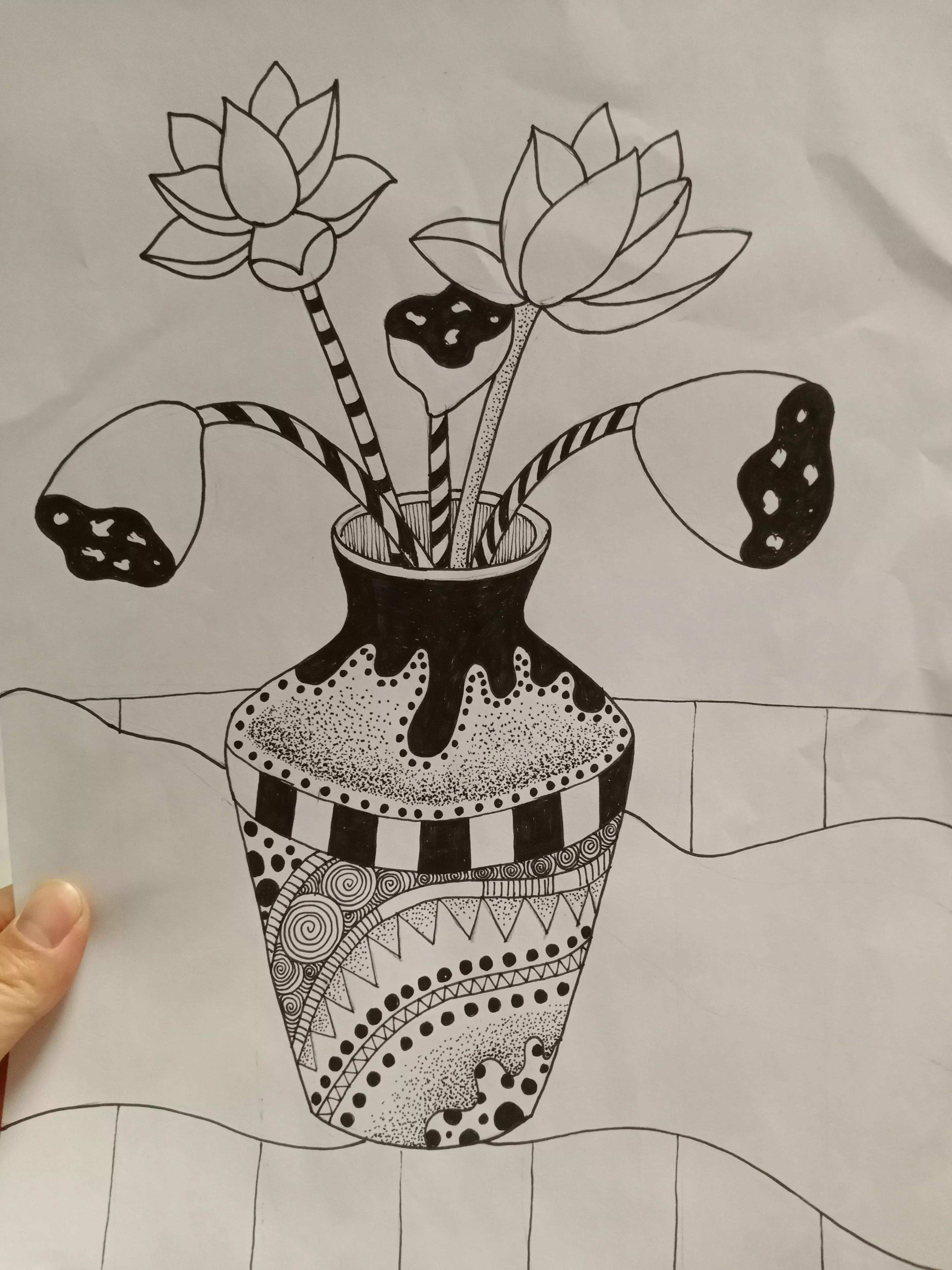 花瓶里的花线描画,线描画花瓶教学视频