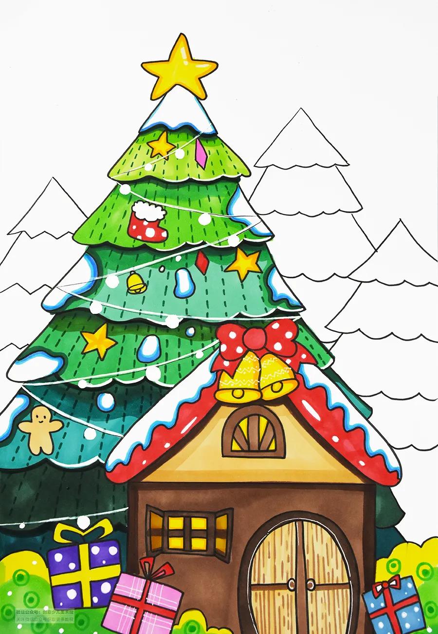 儿童画教程｜圣诞节主题美术课程《美丽的圣诞小屋》