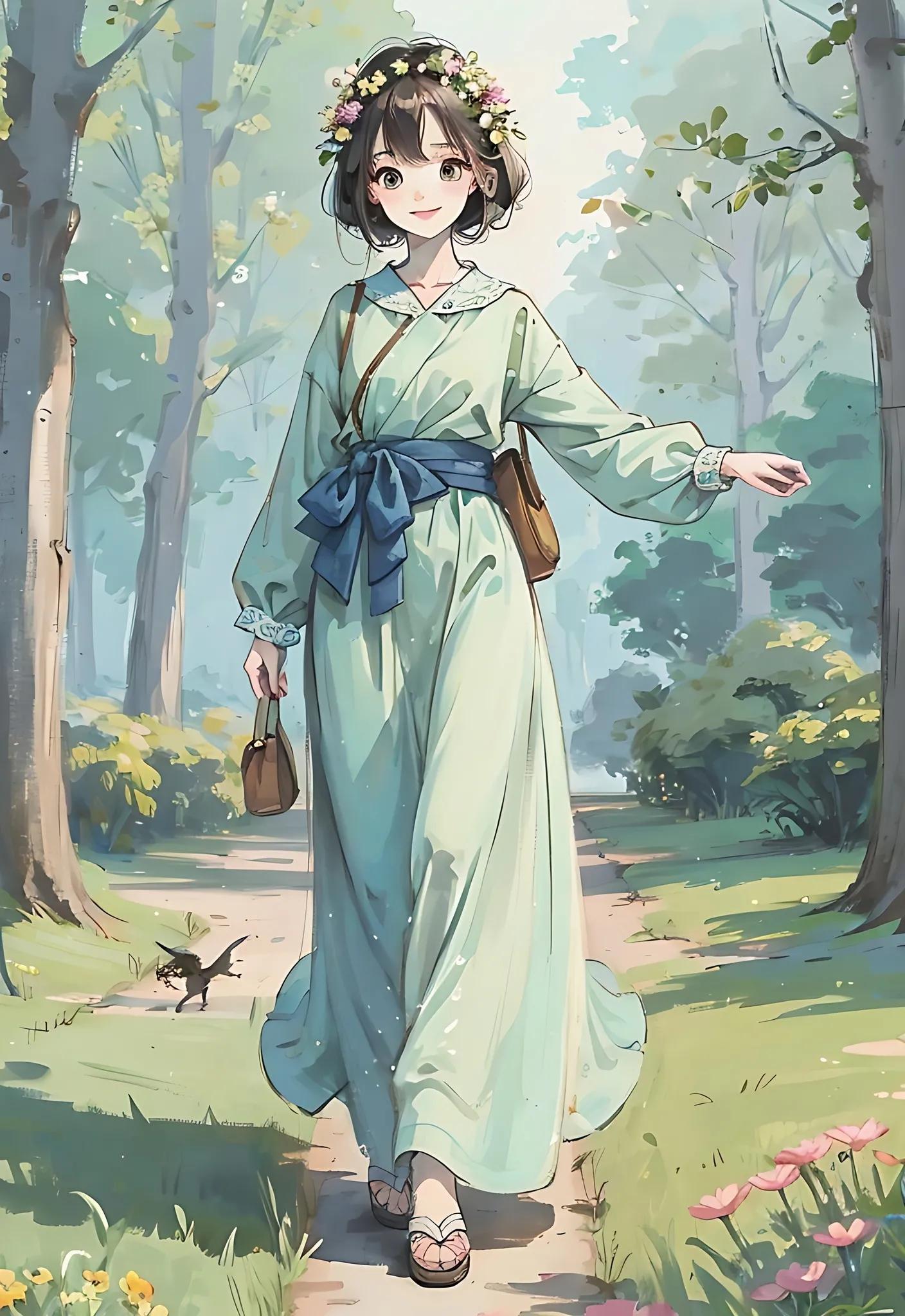 四月唯美插画,三月踏青插画