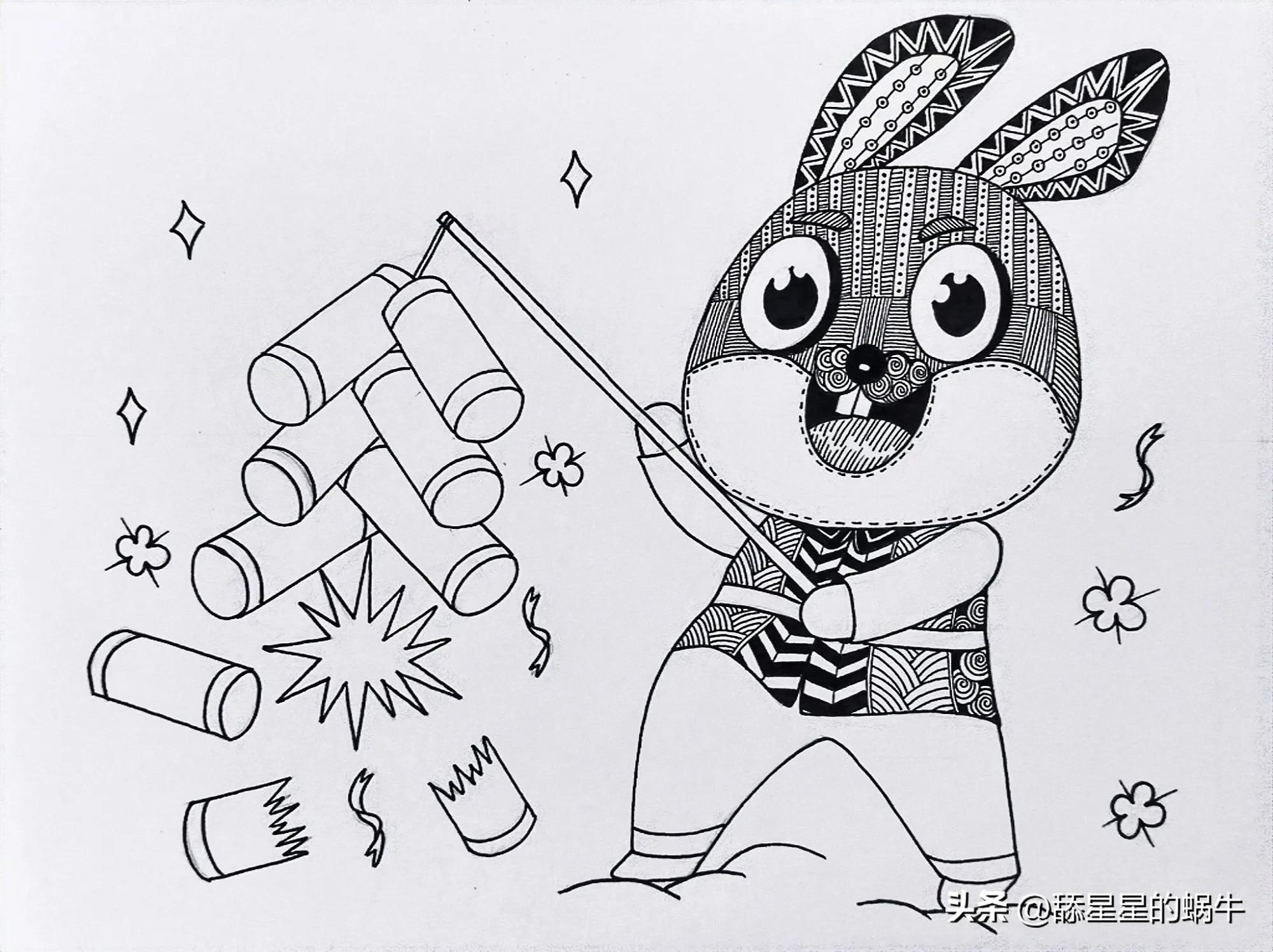 黑白线描画兔年大吉图文版,兔年主题画线稿怎么画