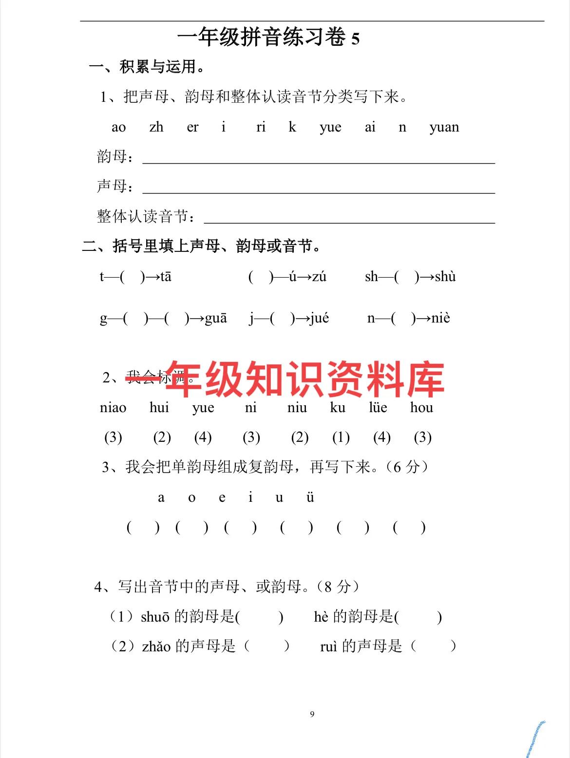 一年级重点拼音练习卷（电子版可打印）