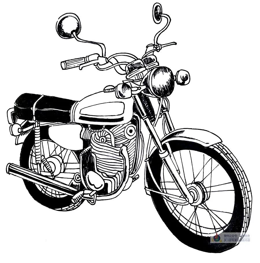 儿童画摩托车简单画法,摩托车线描画