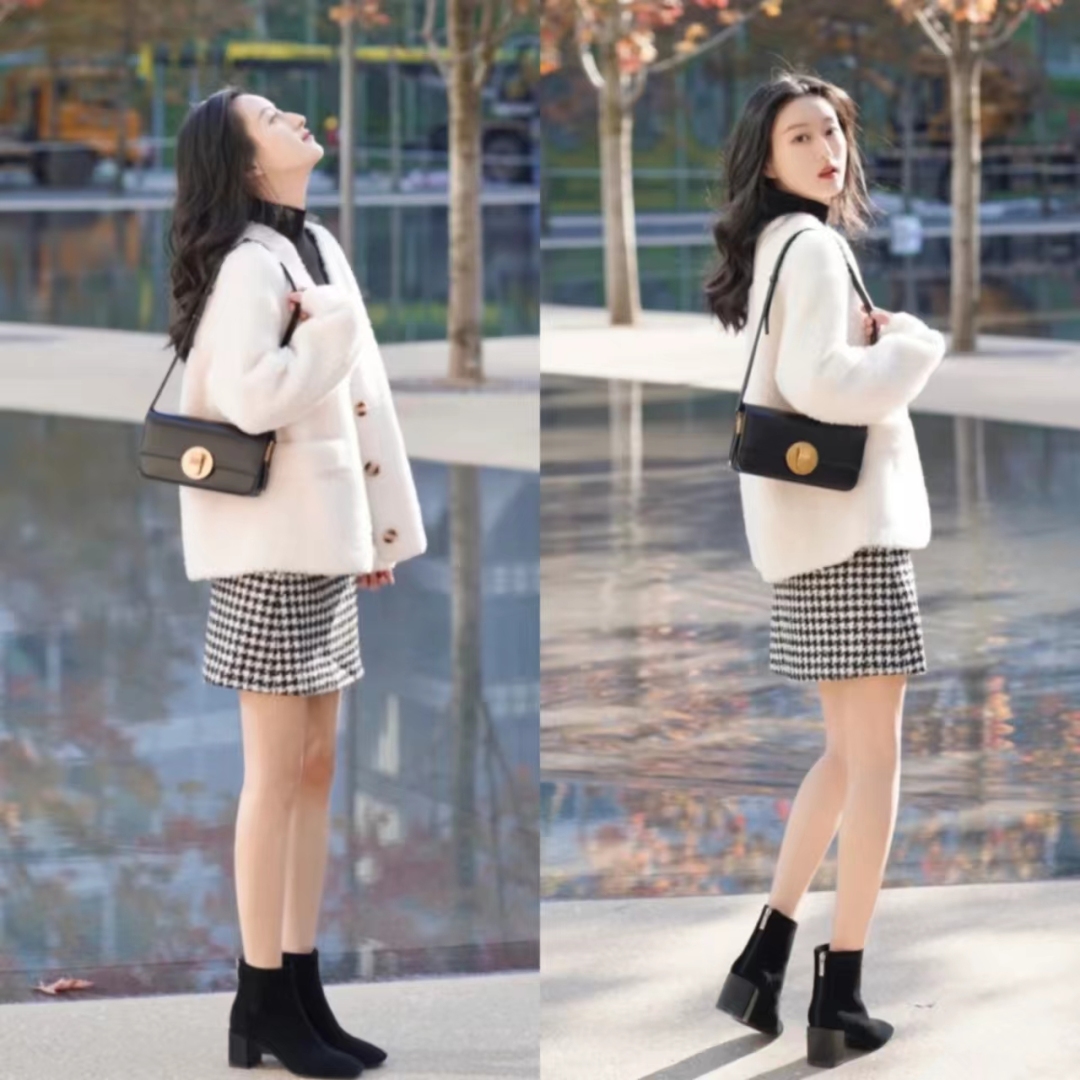 千鸟格半身裙秋冬款a字版30岁,黑白千鸟格半身裙配原绒色毛衫