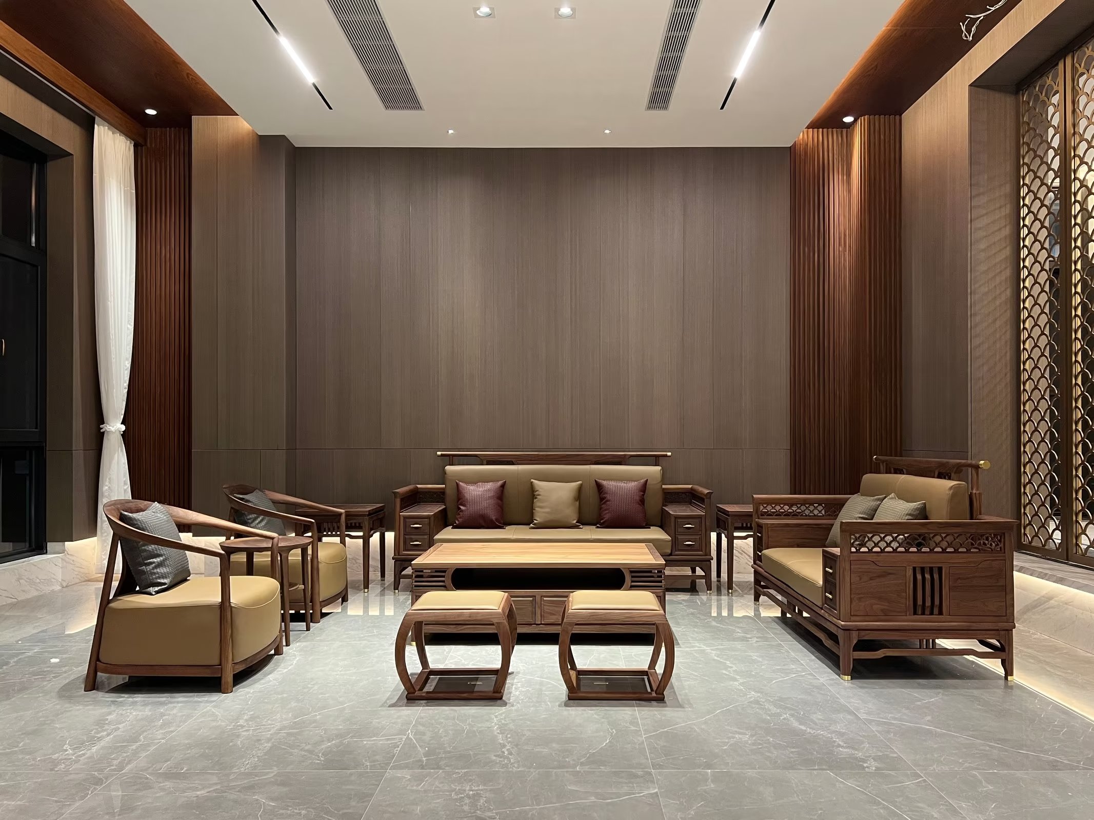 新中式胡桃木沙发带抽屉,新中式实木沙发北美黑胡桃木