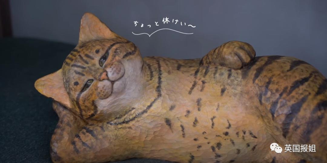 木头雕刻作品猫,手工雕刻木雕小猫