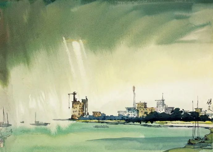 他笔下的江南山水灵秀葱郁，不失辽阔意远