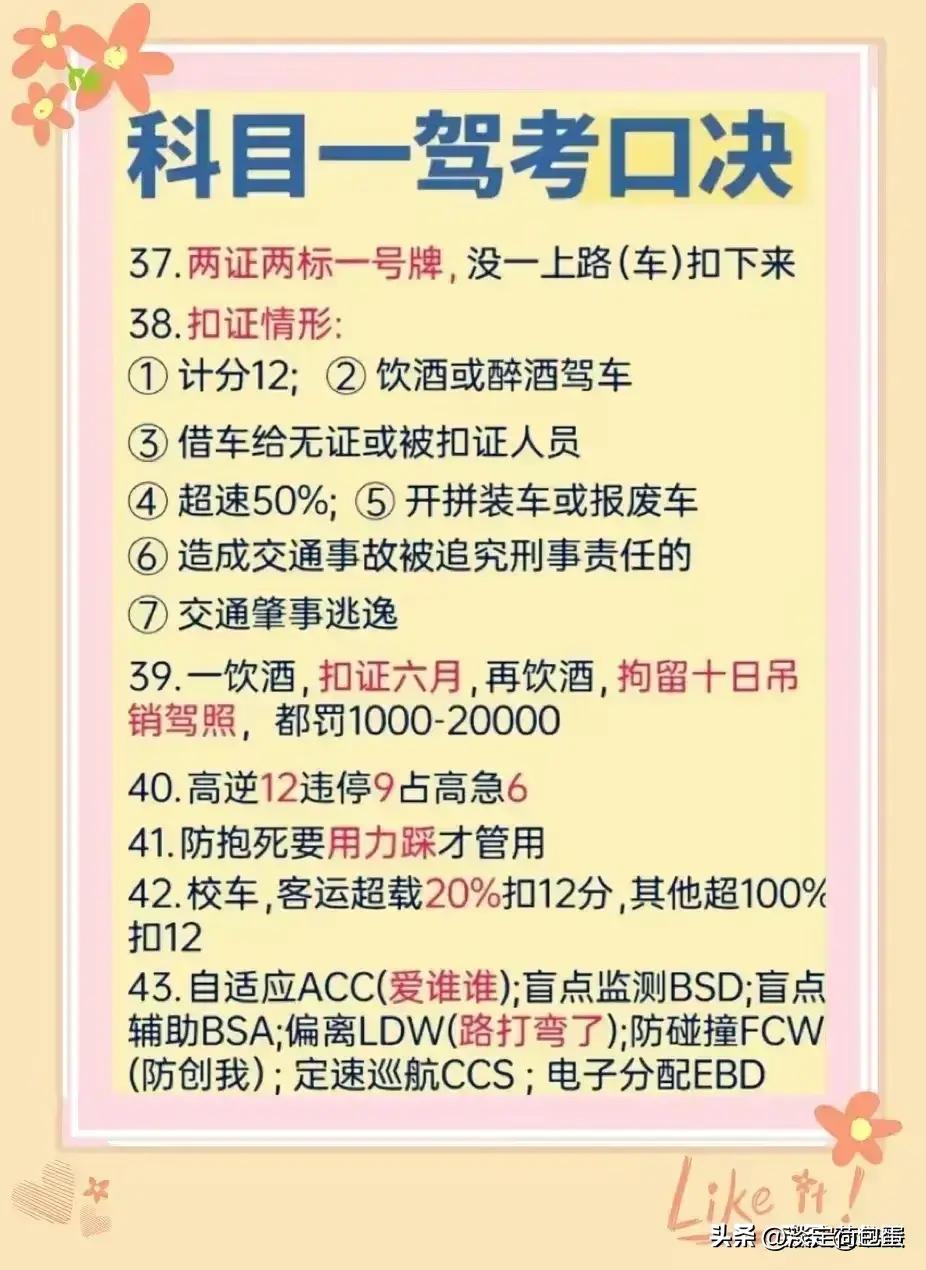 科目一驾考宝典速记口诀,科目一驾考口诀