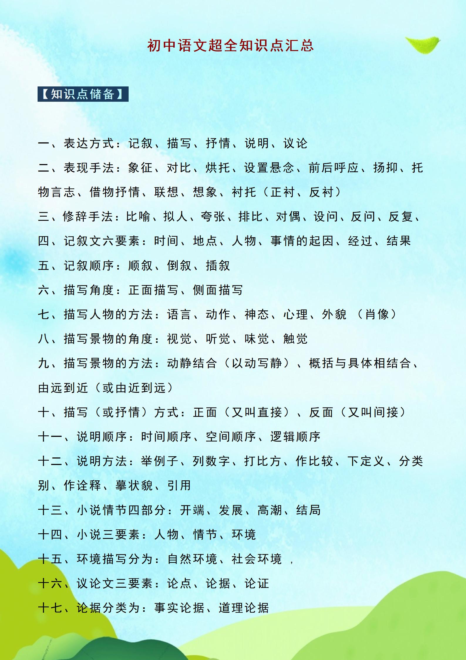 初中语文课外知识大全集,初中语文知识拓展视频