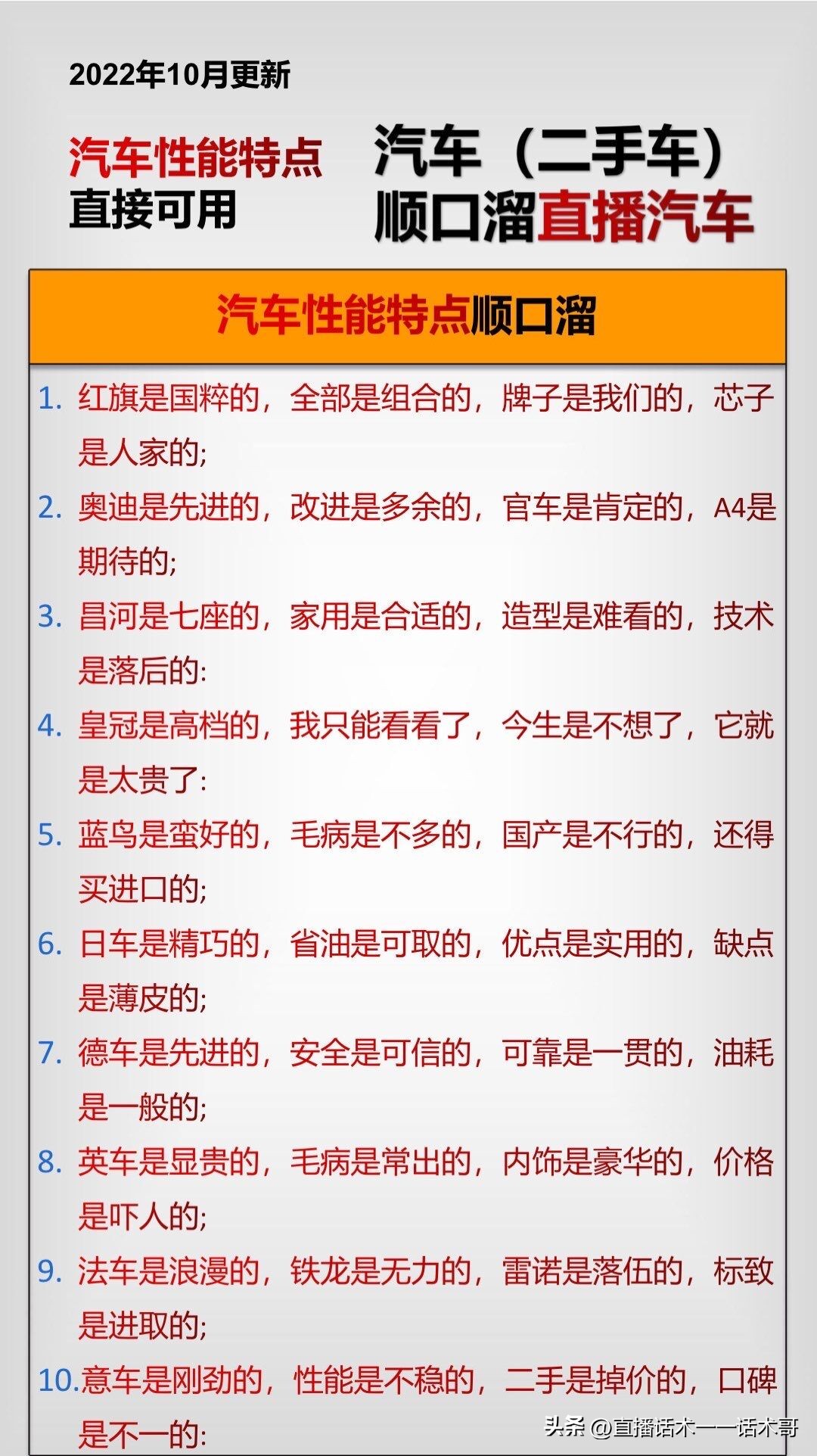汽车、二手车（直播、短视频通用顺口溜一一收藏学习