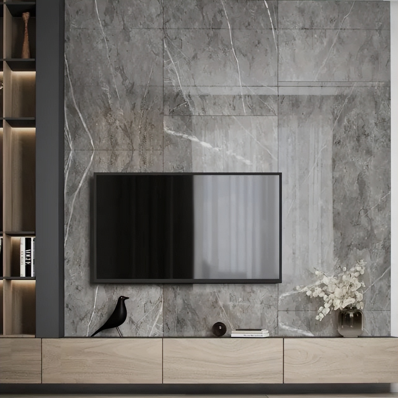 轻奢风电视背景墙大理石灰,新中式高级灰大理石电视背景墙