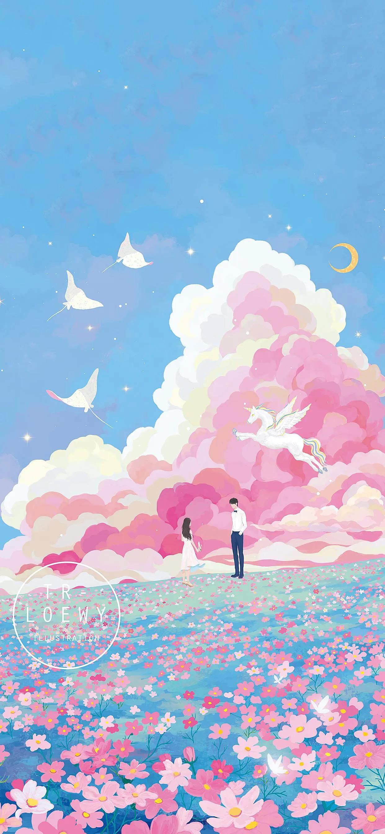 萌图100张可爱壁纸,春日海边小镇壁纸插画