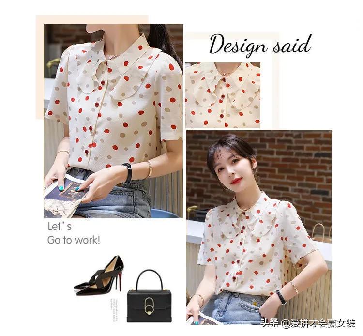 波点短袖衬衫飘带女款2022款时尚,雪纺衬衫女春季新款韩版宽松显瘦