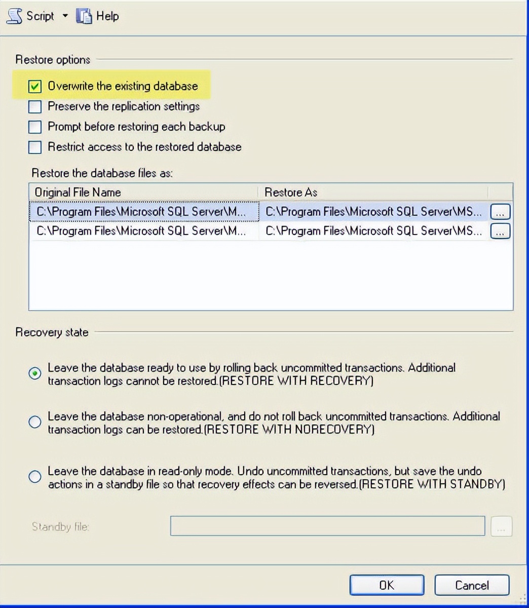 SQLSERVER恢复命令restore总结