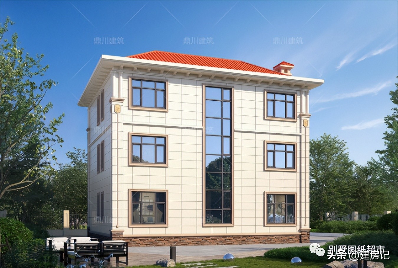 新中式风三层超大露台的别墅外观,推荐一款经济又实用通透三层别墅