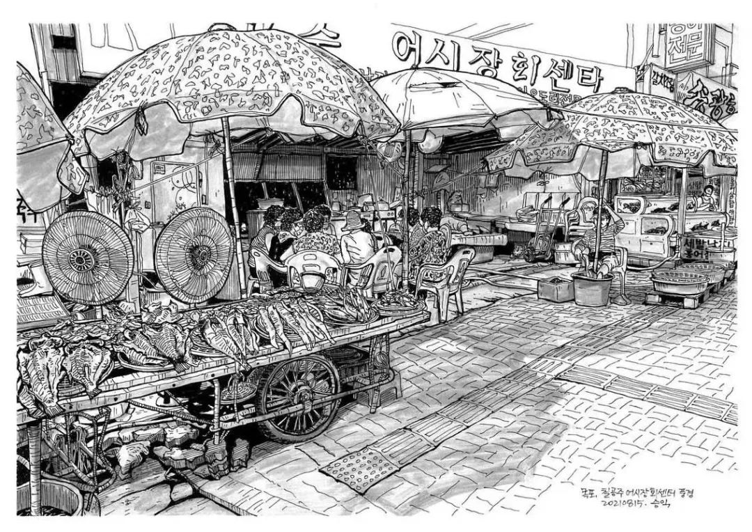日本画家创作的铅笔街景速写,韩国速写大师