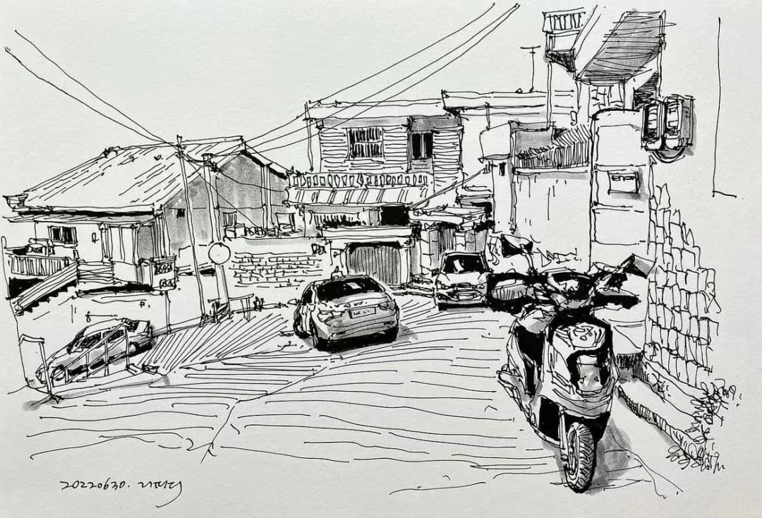 日本画家创作的铅笔街景速写,韩国速写大师