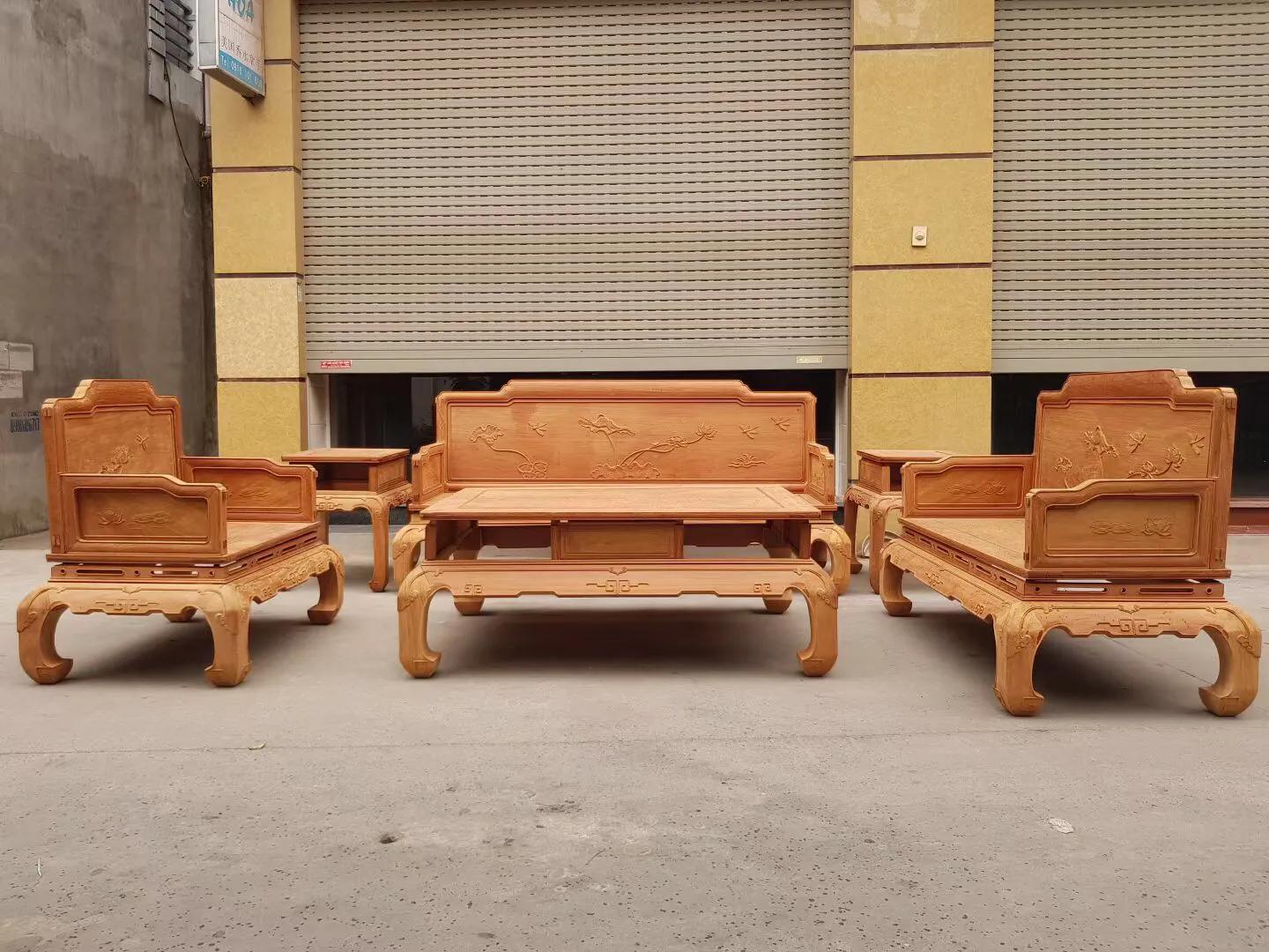 缅甸花梨生胚宝座六件套沙发,缅甸花梨沙发富贵满堂六件套