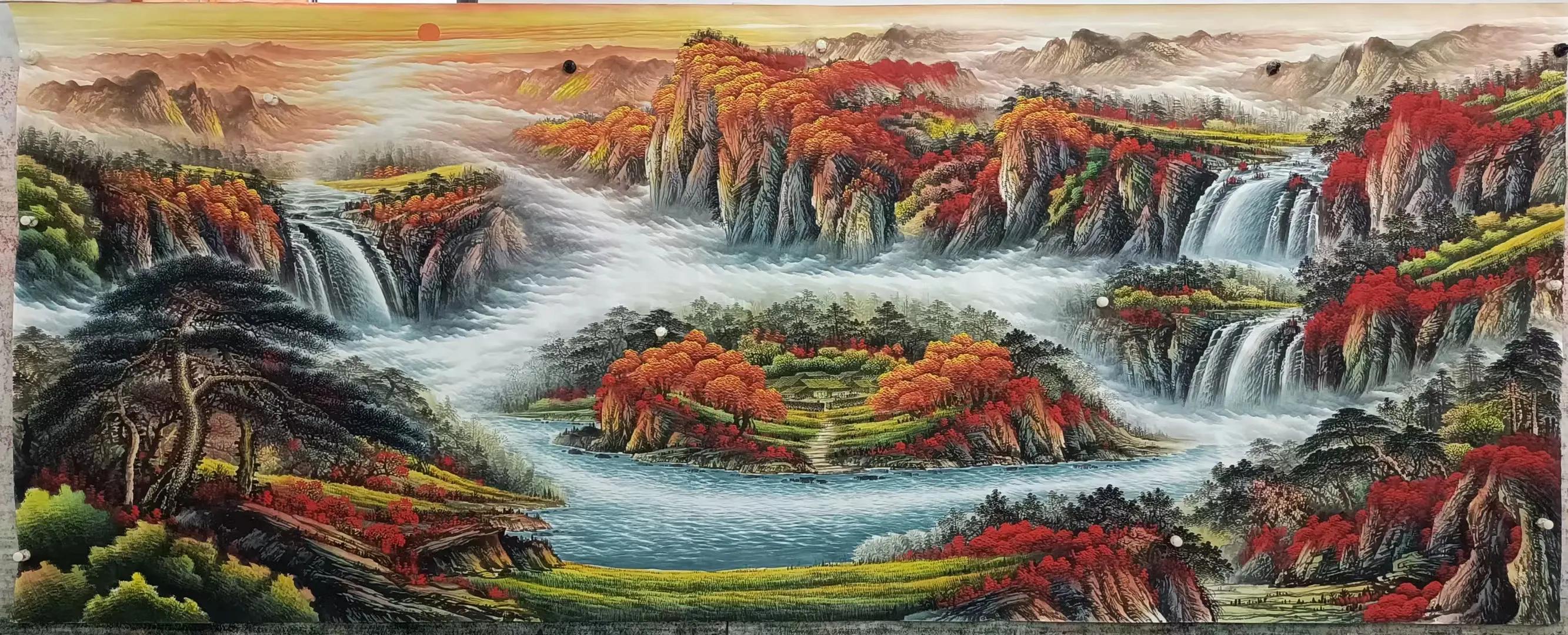 办公室山水画背景墙挂画流水生财,鸿运当头山水画背景墙办公室