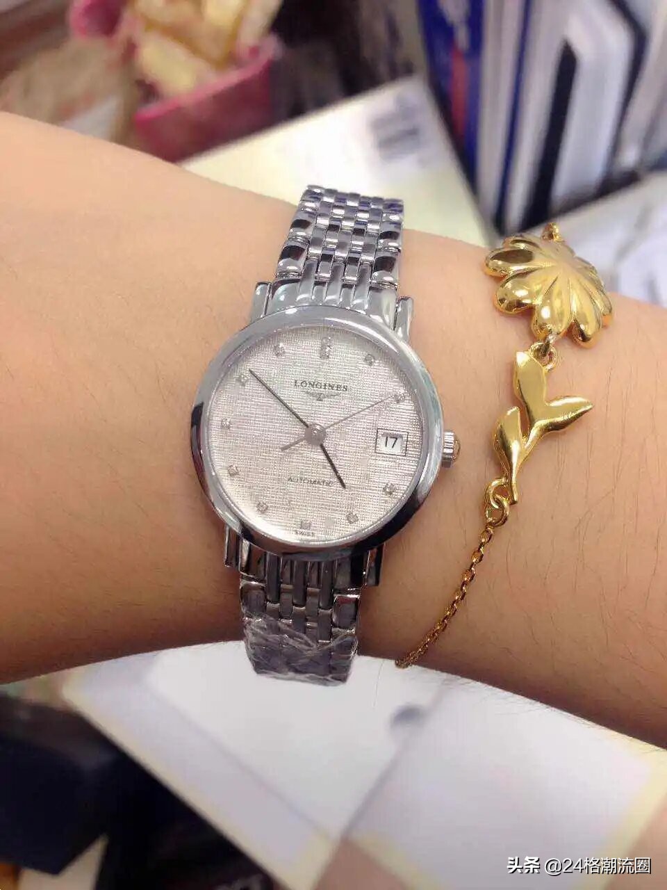 浪琴博雅女表蓝盘配皮带,浪琴博雅玫瑰金女表上手效果