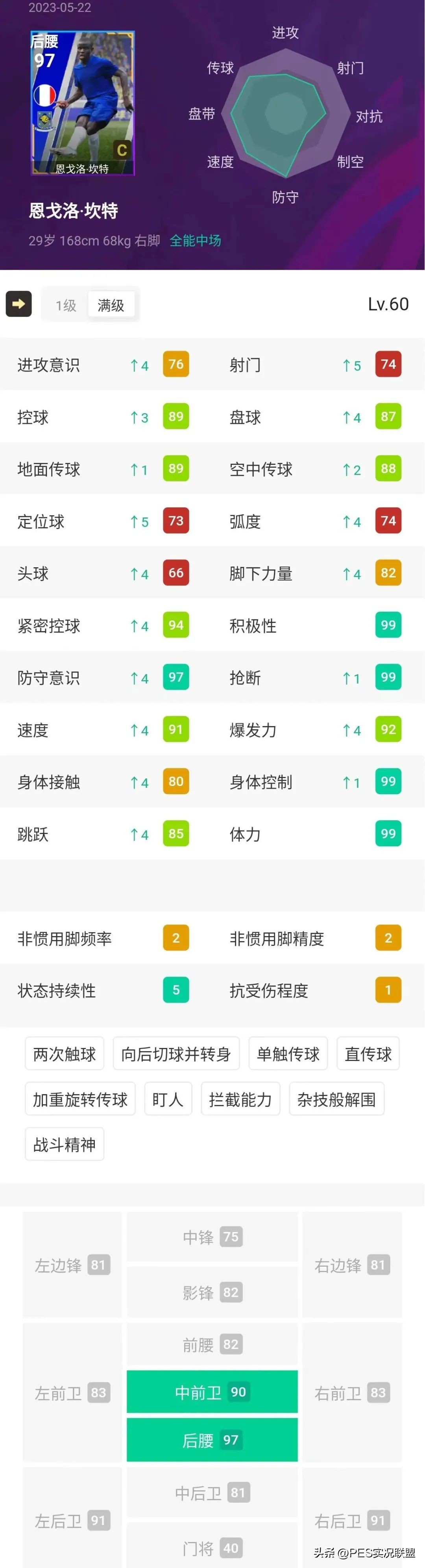 四维99坎特来了!毕业级精选抽到即赚!实况足球切尔西精选简析!