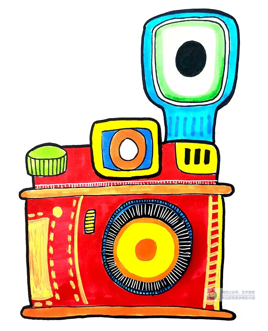 照相机儿童画教程,剪刀画法创意儿童画加背景